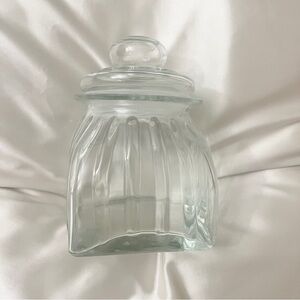 Vintage Clear Glass Storage Jar with Lid Square Base Ribbed Stripe Storage